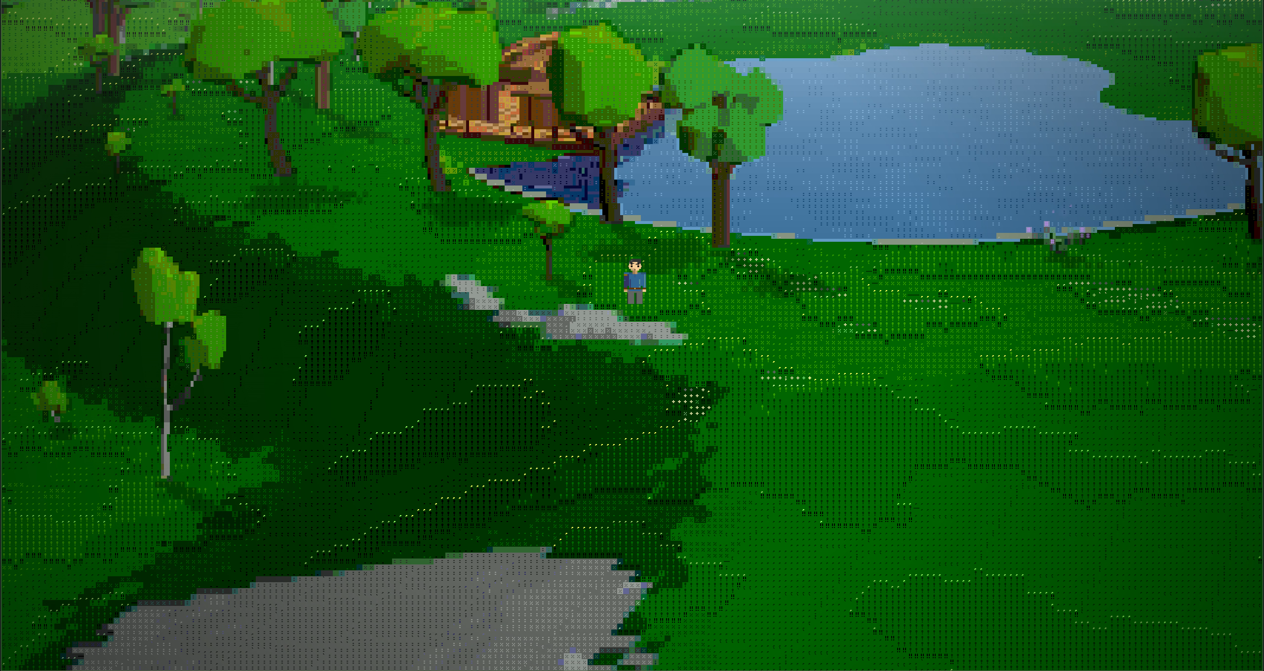 An Asciilands character overlooking the coast, forest and settlement